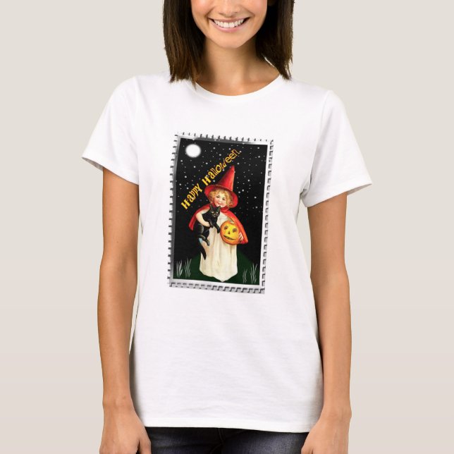 Nostalgic Little Girl, Jack-o’-lantern and Cat T-Shirt (Front)