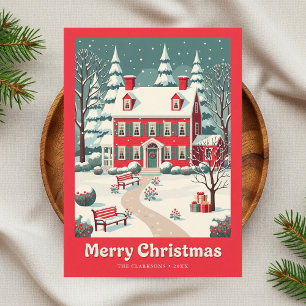 Nostalgic Merry Christmas Red House Retro Holiday Card