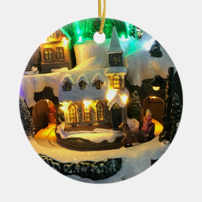 Nostalgic mountain village against Snow Scene Ceramic Tree Decoration (Front)