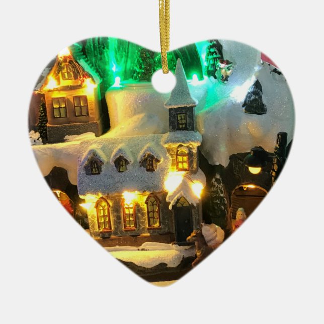 Nostalgic mountain village against Snow Scene Ceramic Tree Decoration (Front)