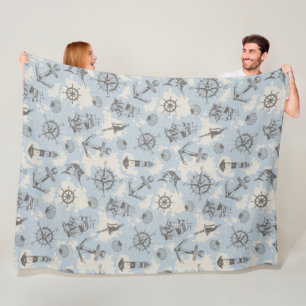 Nostalgic nautical themed blue pattern fleece blanket