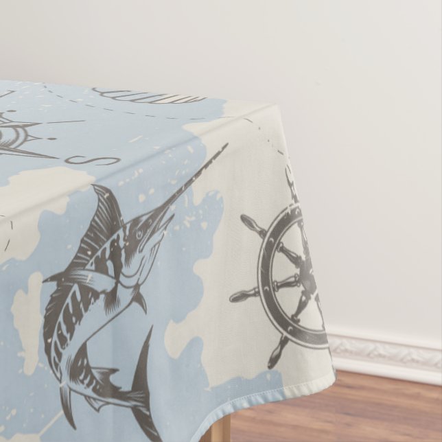 Nostalgic nautical themed blue pattern tablecloth (In Situ)