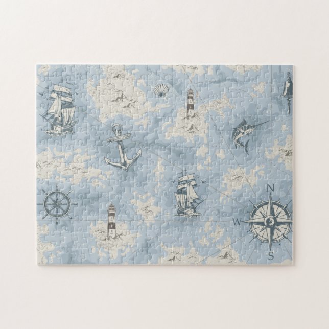 Nostalgic nautical themed blue white map jigsaw puzzle (Horizontal)
