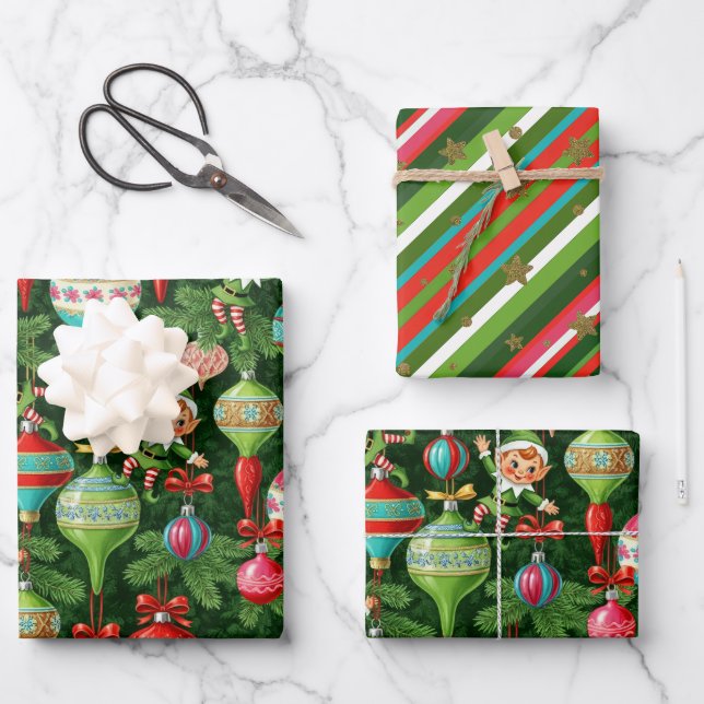Nostalgic Noel: Elves & Ornaments Wrapping Paper Sheet (Front)