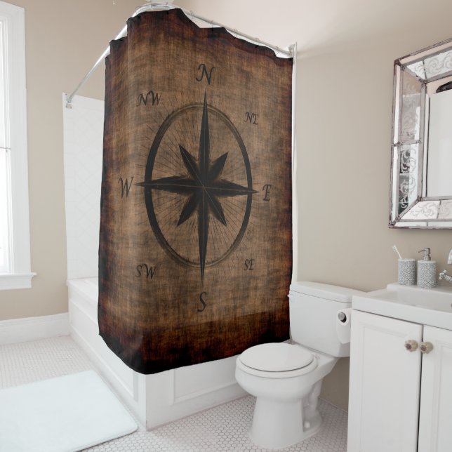 Nostalgic Old Compass Rose Design Shower Curtain (In Situ)