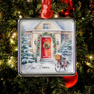 Nostalgic Red Door Christmas Cottage  Metal Tree Decoration