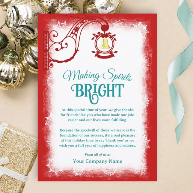 Nostalgic Red, Teal Script, Gold Bell Holiday Card (bright red company christmas card, red holiday cards for employees, partners and clients)