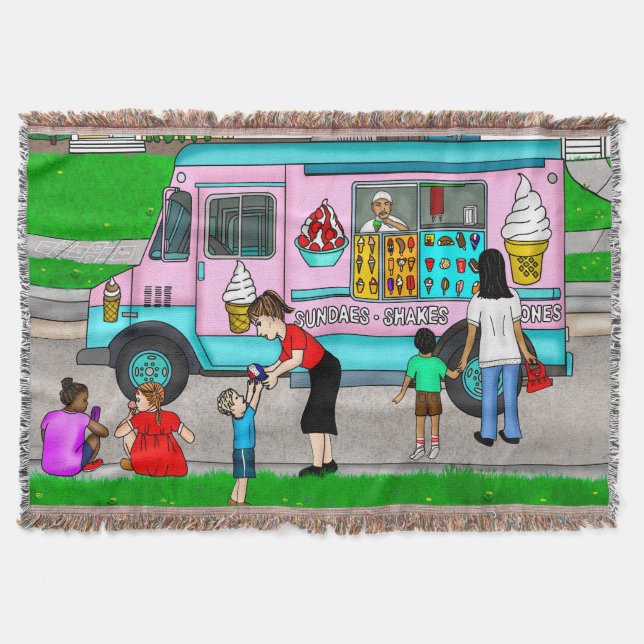 Nostalgic Summer Day | Retro Ice Cream Truck Throw Blanket (Front)