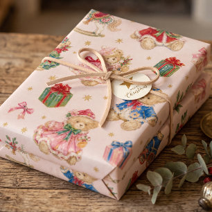 Nostalgic Teddy Bear Christmas Vintage Toy Train Wrapping Paper Sheet