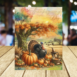 Nostalgic Thanksgiving Day Pumpkin and Turkeys Holiday Postcard