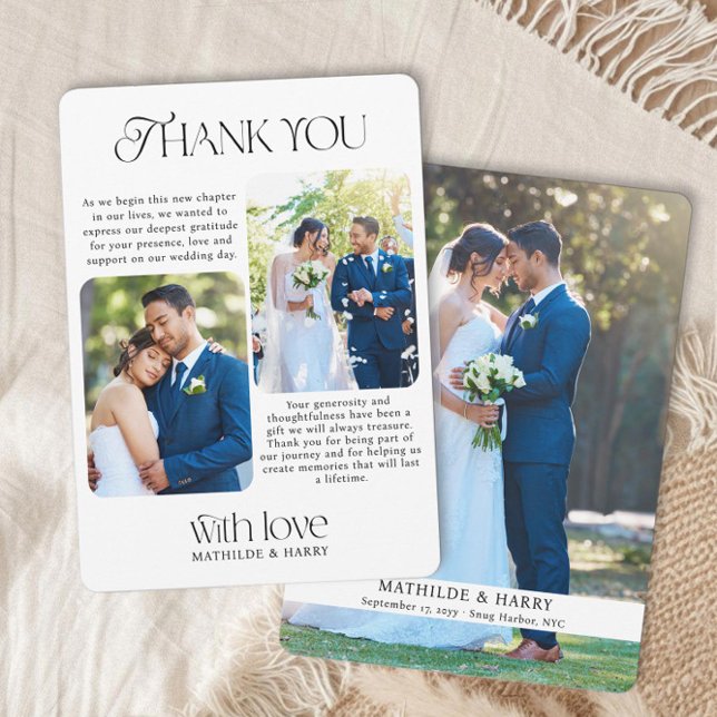 Nostalgic Type Rounded Corner 3 Photo Wedding Thank You Card (Wedding Photo Thank You Card with full bleed and rounded corner photos)