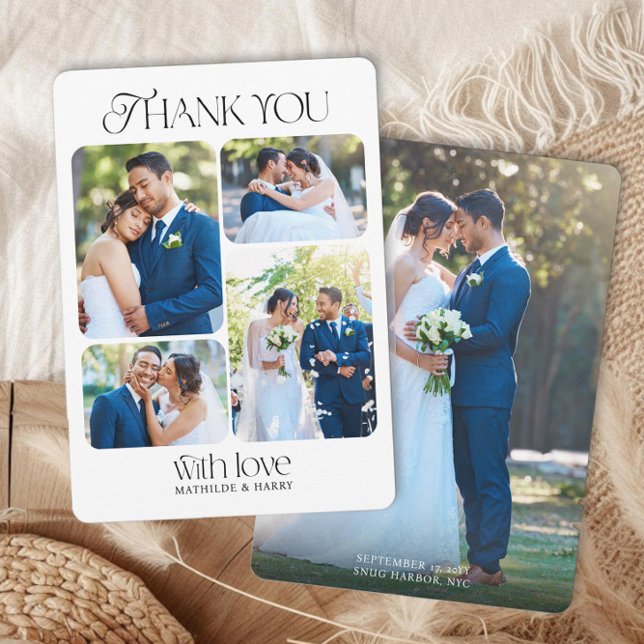 Nostalgic Type Rounded Corner 5 Photo Wedding Thank You Card (Wedding Thank You Card with rounded corner photo collage and Romantic Nostalgic Typeface)