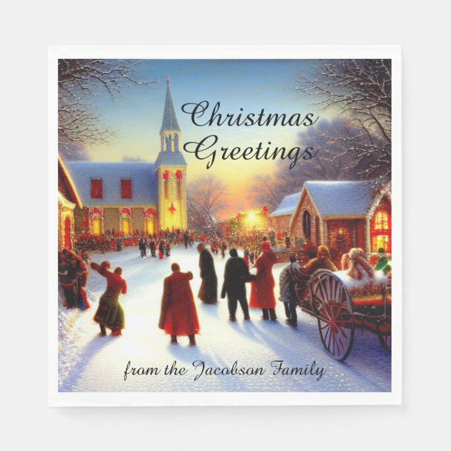 Nostalgic Village Church Visit Christmas Greetings Napkin (Front)