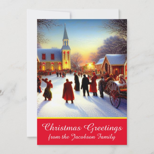 Nostalgic Village Churchgoers Christmas Greetings Holiday Card (Front)