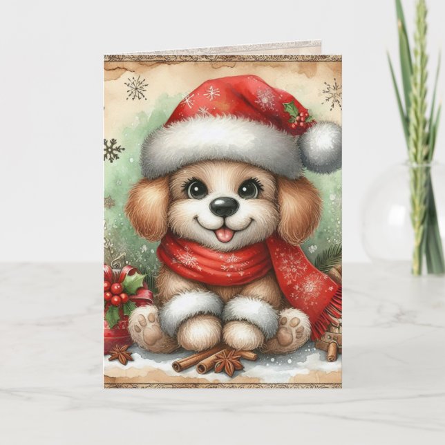 Nostalgic Vintage Christmas Dog Retro Holiday Card (Front)