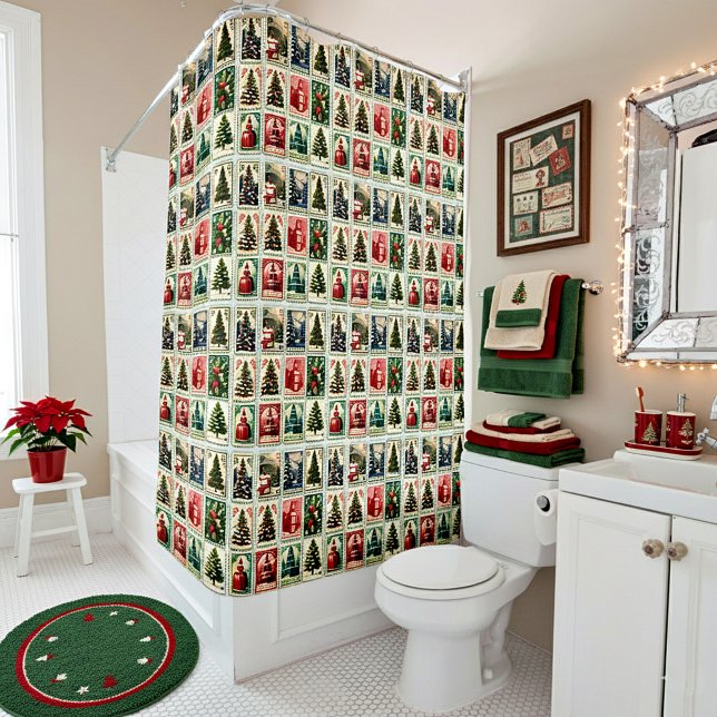 Nostalgic vintage Christmas stamps pattern Shower Curtain (Creator Uploaded)