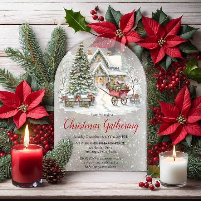 Nostalgic Vintage Cottage Christmas Gathering Acrylic Invitations (Nostalgic Vintage Cottage | Tree Christmas Holiday Gathering Party Arched Acrylic Invitation )