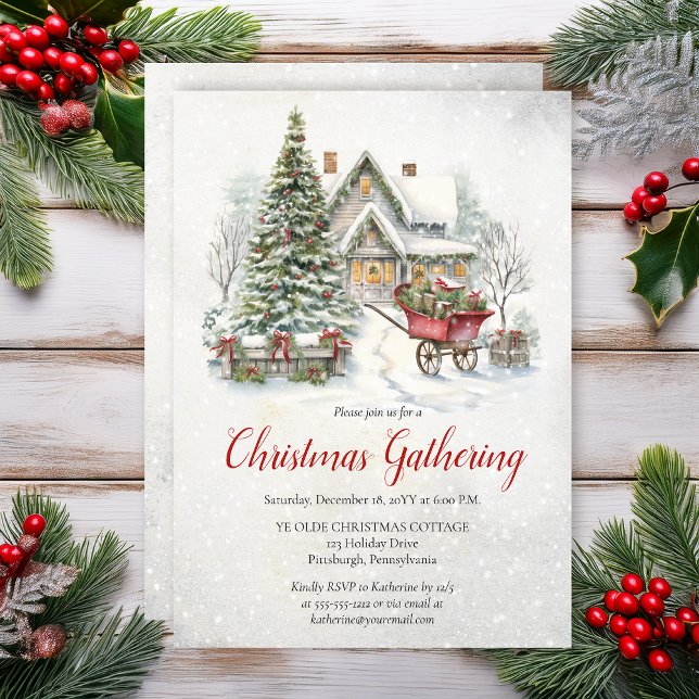 Nostalgic Vintage Cottage Christmas Gathering Invitation (Nostalgic Vintage Cottage Holiday Christmas Gathering Invitation - Print | Digital Download)