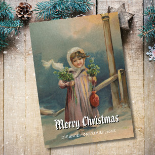 Nostalgic Vintage Girl by Lantern Scene Holiday Card