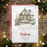 Nostalgic Vintage Holiday Cottage Christmas Card<br><div class="desc">Nothing says Christmas like a beautiful vintage cottage loaded down with holiday greenery and bows in a snowy winter scene with a rustic, cosy bench piled with snow on the seat and below. This design delivers on that promise of everything Christmas to greet your family, friends and associates a "Merry...</div>