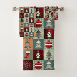 Nostalgic Vintage Holiday Patchwork Quilt Bath Towel Set
