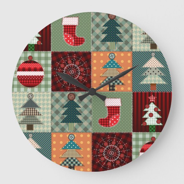 Nostalgic Vintage Holiday Patchwork Quilt Large Clock (Front)
