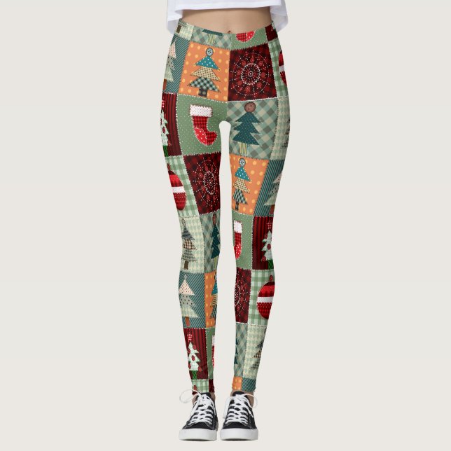 Nostalgic Vintage Holiday Patchwork Quilt Leggings (Front)