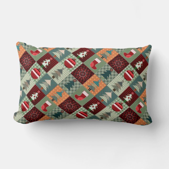 Nostalgic Vintage Holiday Patchwork Quilt Lumbar Cushion (Front)