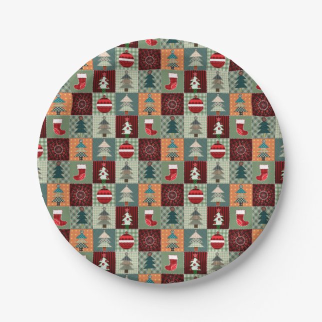 Nostalgic Vintage Holiday Patchwork Quilt Paper Plate (Front)