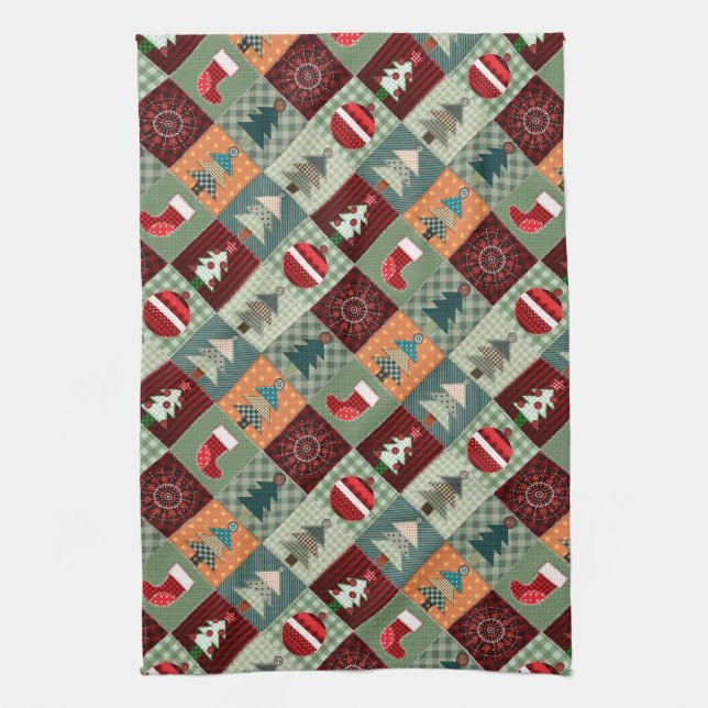 Nostalgic Vintage Holiday Patchwork Quilt Tea Towel (Vertical)