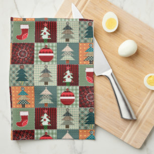 Nostalgic Vintage Holiday Patchwork Quilt Tea Towel