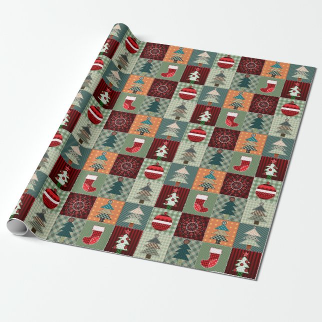 Nostalgic Vintage Holiday Patchwork Quilt Wrapping Paper (Unrolled)