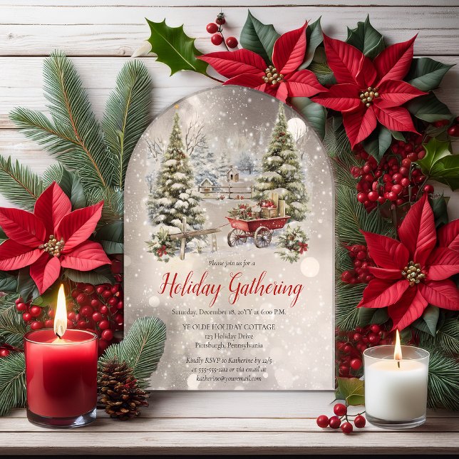 Nostalgic Vintage Holiday Tree Christmas Gathering Acrylic Invitations (Nostalgic Vintage Wagon  Evergreen Tree Christmas Holiday Gathering Party Arched Acrylic Invitation )