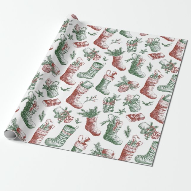 Nostalgic Vintage Red Green Christmas Stockings Wrapping Paper (Unrolled)