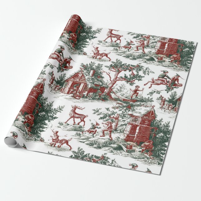 Nostalgic Vintage Red Green Christmas Wrapping Paper (Unrolled)