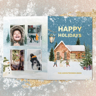 Nostalgic Watercolor 4 Photo Winter Wonderland Foil Holiday Card