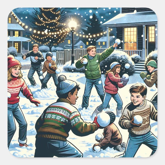 Nostalgic Winter Scene | Children's Snowball Fight Square Sticker (Front)