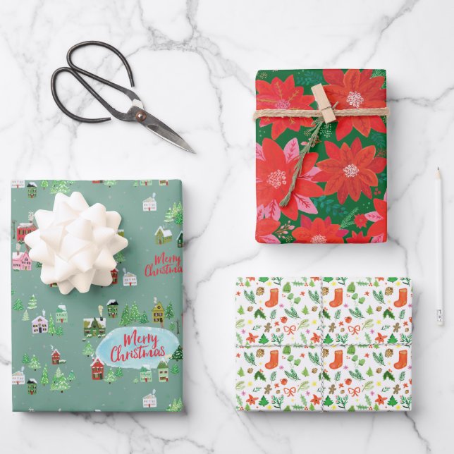 Nostalgic Winter Village Christmas Wrapping Paper Sheet (Front)