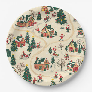 Nostalgic Winter Village Red Green Gold Pattern Paper Plate