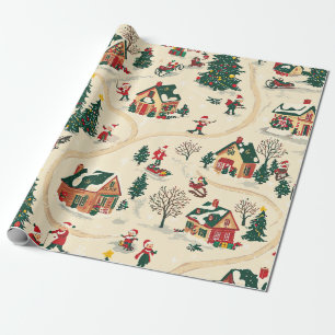 Nostalgic Winter Village Red Green Gold Pattern Wrapping Paper