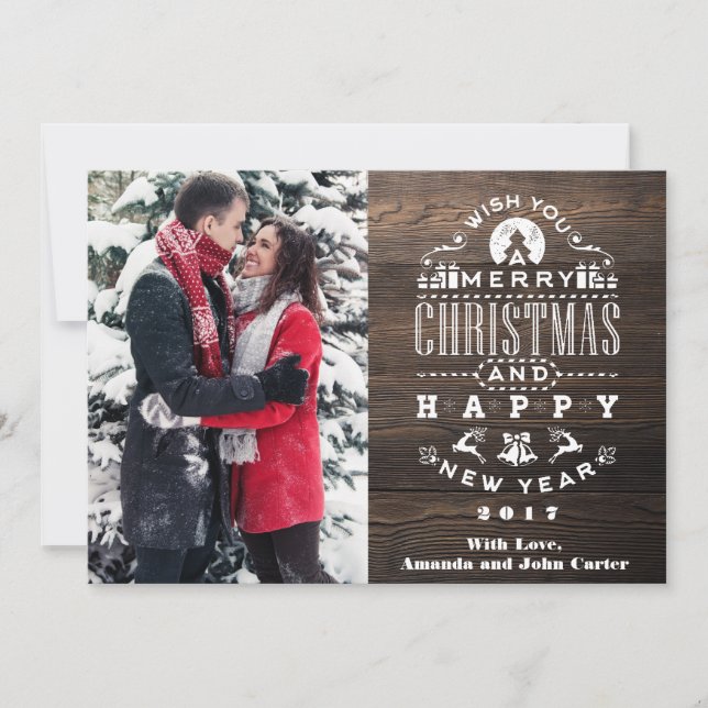 Nostalgic WOOD Christmas Greetings Vertical Photo Holiday Card (Front)