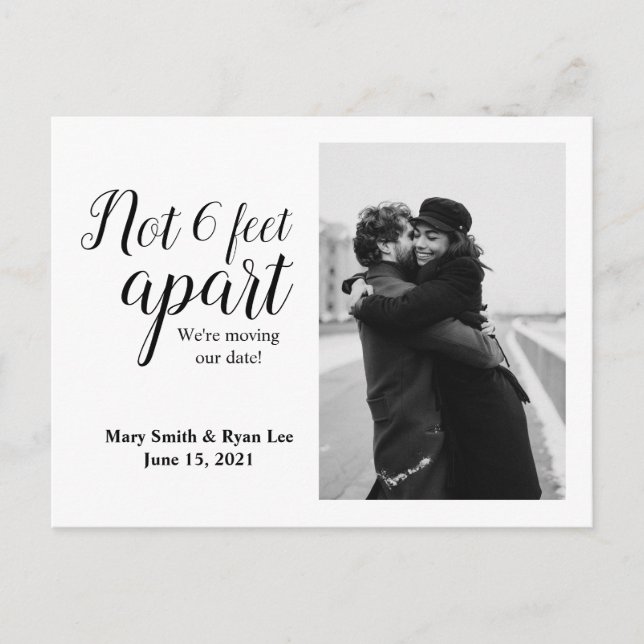 Not 6 Feet Apart | Black Calligraphy Postponement Postcard (Front)
