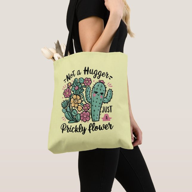 Not a Hugger Just a Prickly Flower Cute Cactus Fun Tote Bag (Close Up)