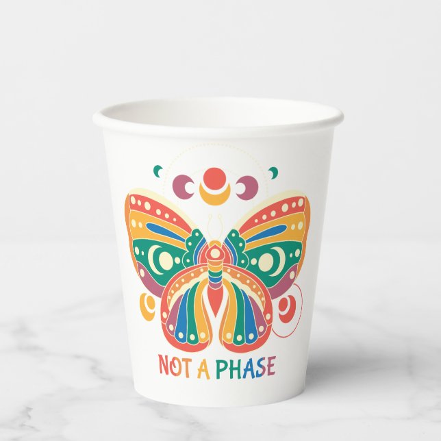 Not A Phase – Colourful Butterfly LGBTQ Pride Paper Cups (Front)