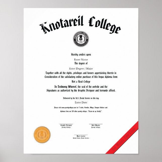 Not a Real College Diploma 11 X 14 Poster (Front)