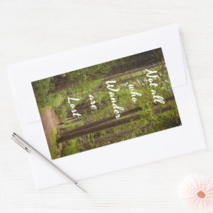 Not All Who Wander- white text-Hiker In Tall Trees Rectangular Sticker