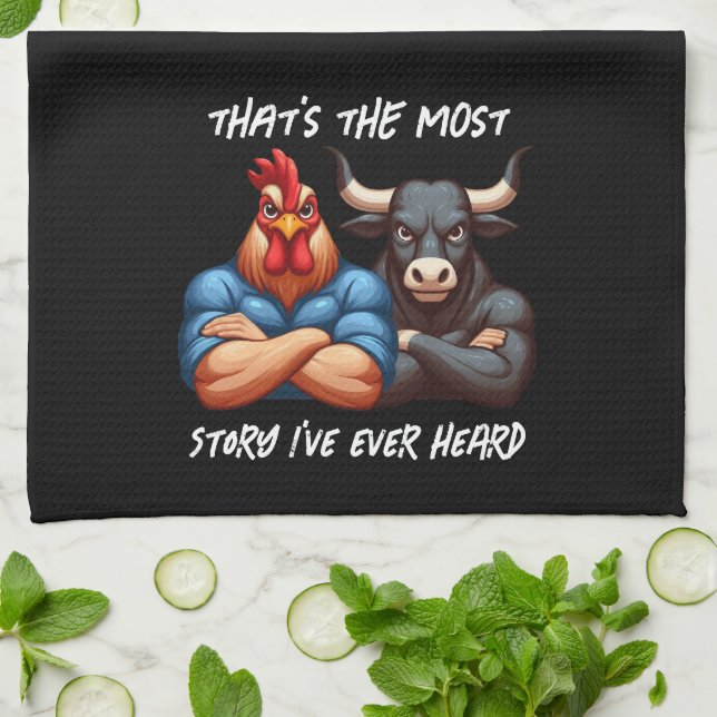 Not Amused Rooster and Ox Folded Arms Stare Tea Towel (Folded)