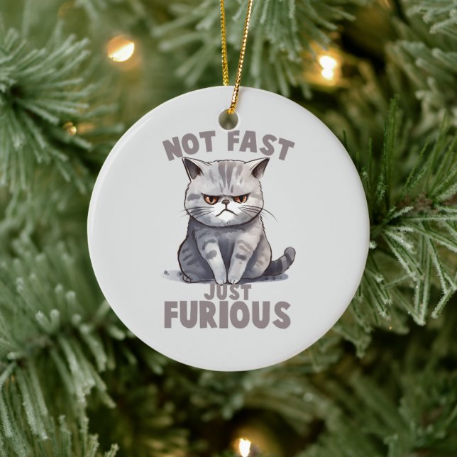Not Fast, Just Furious – Grey Cat Humour Ceramic Tree Decoration (Tree)