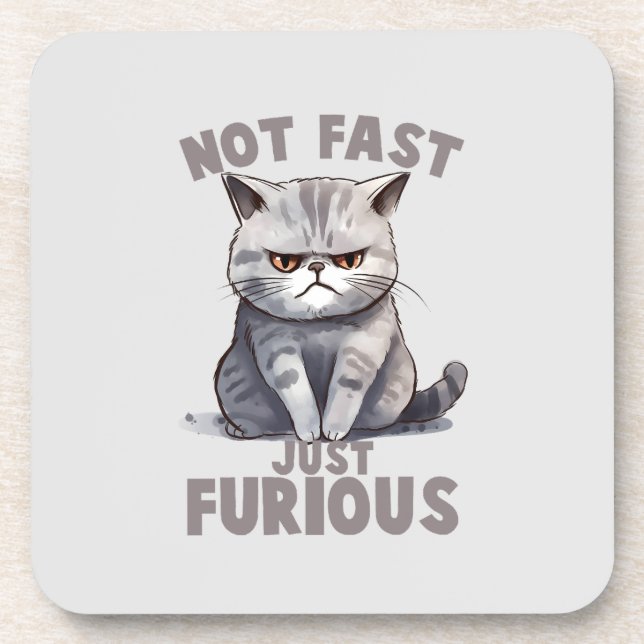 Not Fast, Just Furious – Grey Cat Humour Coaster (Front)