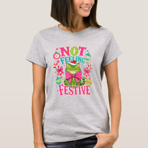 Not Feeling Festive with Unhappy Cat Grunge T-Shirt